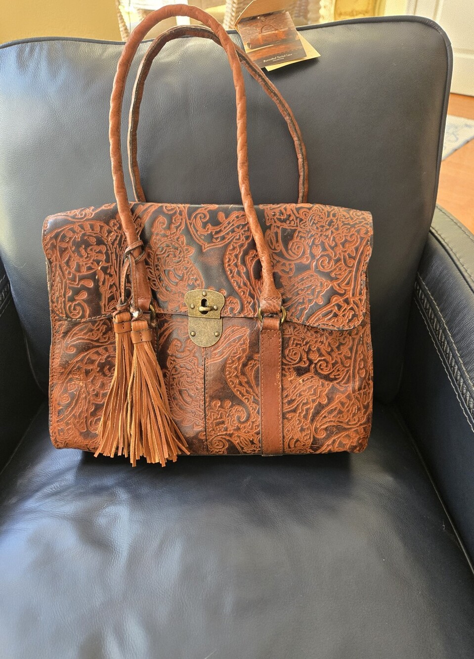 Hand-Tooled Floral Leather Tote Bag in Chestnut Brown
